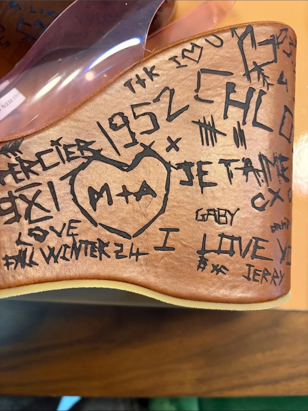 Chloe Transparent Pink Slingback Wedge Sandals with Graffiti-Print Platform